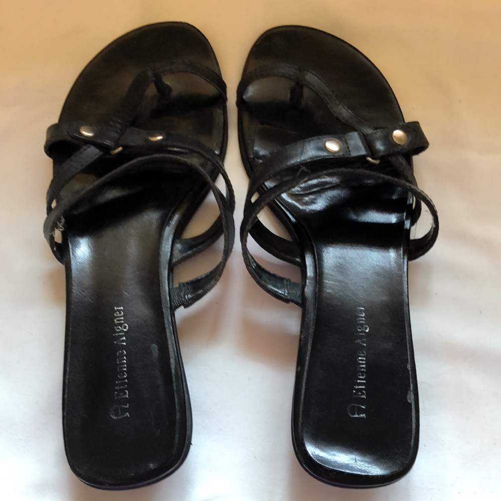 Black, leather, Etienne Aigner sandals, size 6.5
